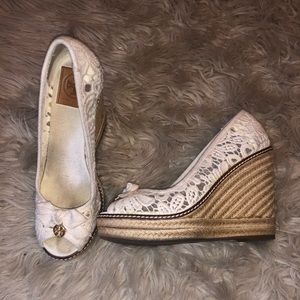 Tory Burch Wedge Heel Size 8 White Euro 38
